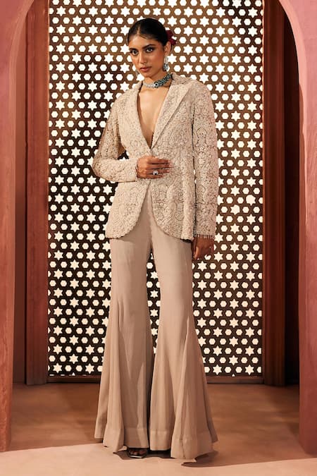 Aneesh Agarwaal Gray Net, Silk, Chiffon Embroidery V-neck Jacket And Sharara Set 