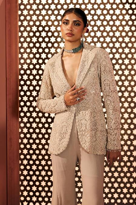 Shop_Aneesh Agarwaal_Gray Net, Silk, Chiffon Embroidery V-neck Jacket And Sharara Set _Online_at_Aza_Fashions