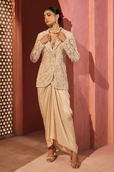 Shop_Aneesh Agarwaal_Ivory Silk, Crepe, Net Beads, Embroidery Notched Neck Jacket And Draped Skirt _Online_at_Aza_Fashions