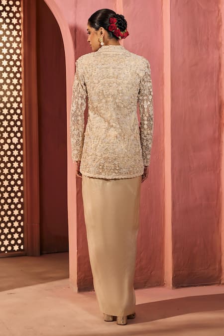 Aneesh Agarwaal Ivory Embroidered Jacket & Draped Skirt 