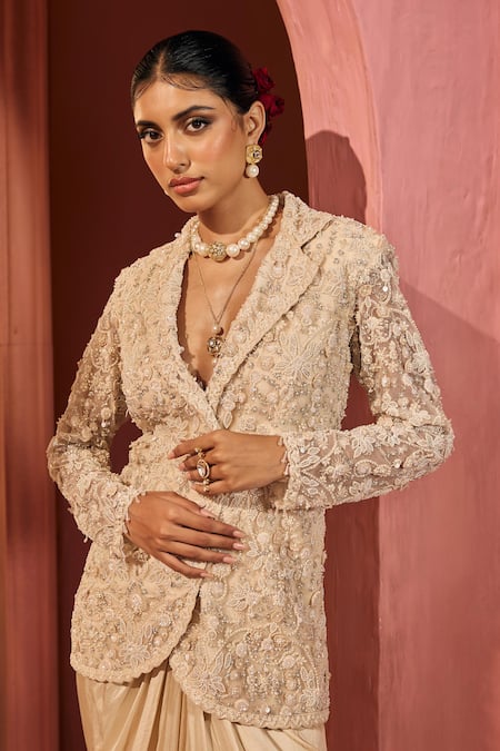 Aneesh Agarwaal_Ivory Silk, Crepe, Net Beads, Embroidery Notched Neck Jacket And Draped Skirt _at_Aza_Fashions