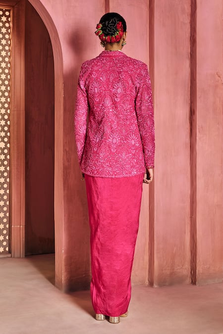 Aneesh Agarwaal Pink Embroidered Jacket & Draped Skirt 
