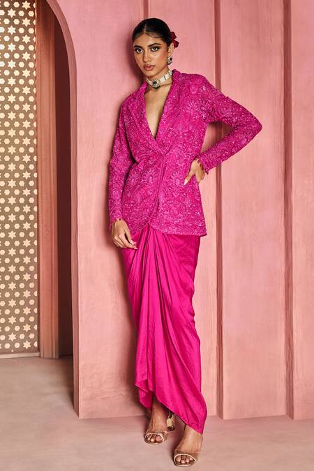 Aneesh Agarwaal_Pink Net, Silk, Crepe V-neck Embroidered Jacket And Draped Skirt _Online_at_Aza_Fashions