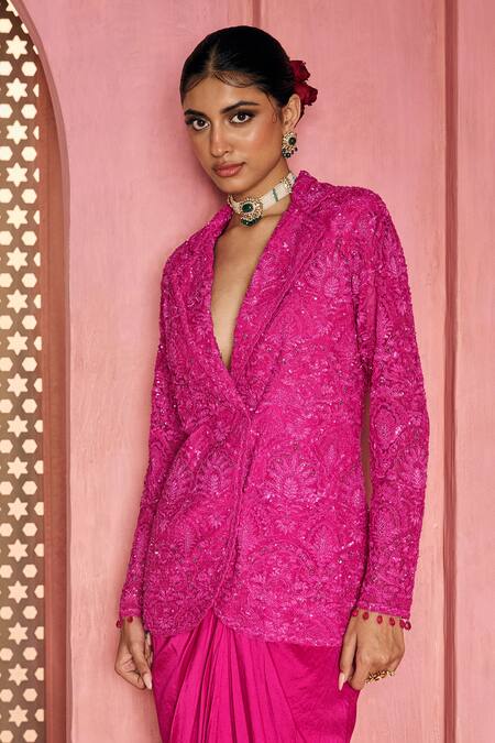 Buy_Aneesh Agarwaal_Pink Net, Silk, Crepe V-neck Embroidered Jacket And Draped Skirt _Online_at_Aza_Fashions