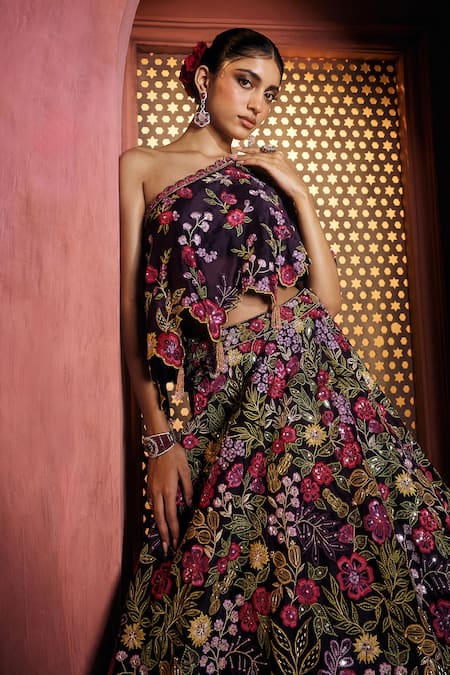 Buy_Aneesh Agarwaal_Purple Silk Organza Embroidery Asymmetric Plum Lehenga And Cape Set _Online_at_Aza_Fashions