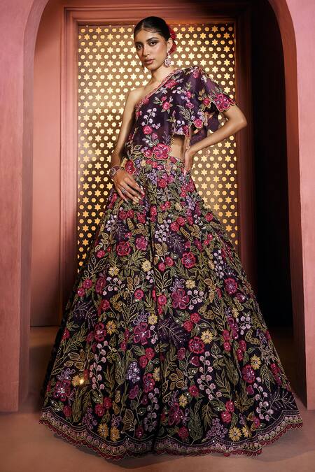 Shop_Aneesh Agarwaal_Purple Silk Organza Embroidery Asymmetric Plum Lehenga And Cape Set _Online_at_Aza_Fashions
