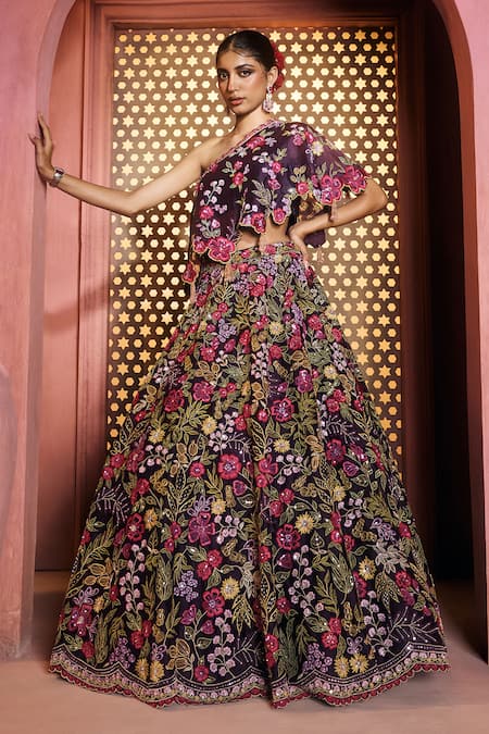 Aneesh Agarwaal Purple Silk Organza Embroidery Asymmetric Plum Lehenga And Cape Set 