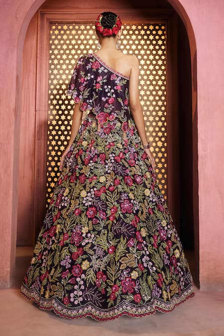 Aneesh Agarwaal Plum Purple Silk Organza Lehenga & Cape Set 