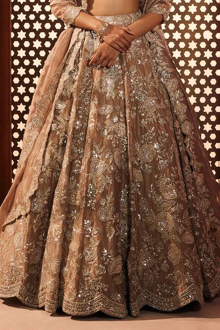 Aneesh Agarwaal_Gold Silk, Tissue Sequins, Embroidery Sweetheart Neck Embellished Lehenga Set _Online_at_Aza_Fashions