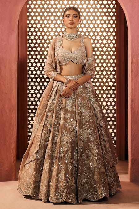 Aneesh Agarwaal Gold Silk, Tissue Sequins, Embroidery Sweetheart Neck Embellished Lehenga Set 