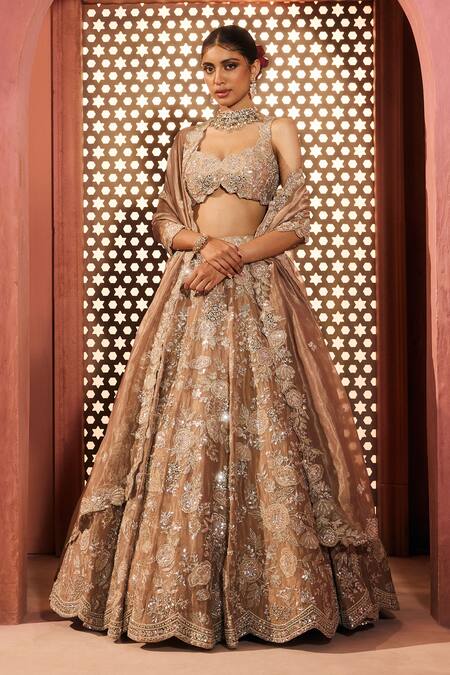Shop_Aneesh Agarwaal_Gold Silk, Tissue Sequins, Embroidery Sweetheart Neck Embellished Lehenga Set _Online_at_Aza_Fashions