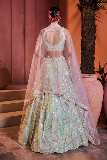 Aneesh Agarwaal Mint Green Embroidered Lehenga Set 