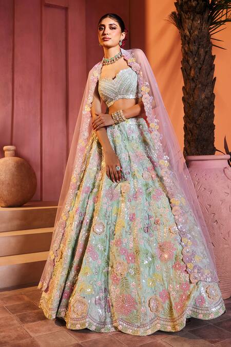Shop_Aneesh Agarwaal_Green Silk, Taffeta, Net Sequins, Embroidery Sweetheart Neck Mint Lehenga Set _Online_at_Aza_Fashions