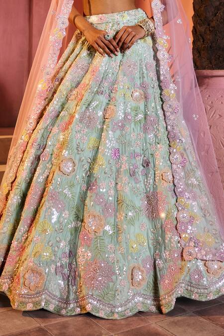 Aneesh Agarwaal_Green Silk, Taffeta, Net Sequins, Embroidery Sweetheart Neck Mint Lehenga Set _at_Aza_Fashions
