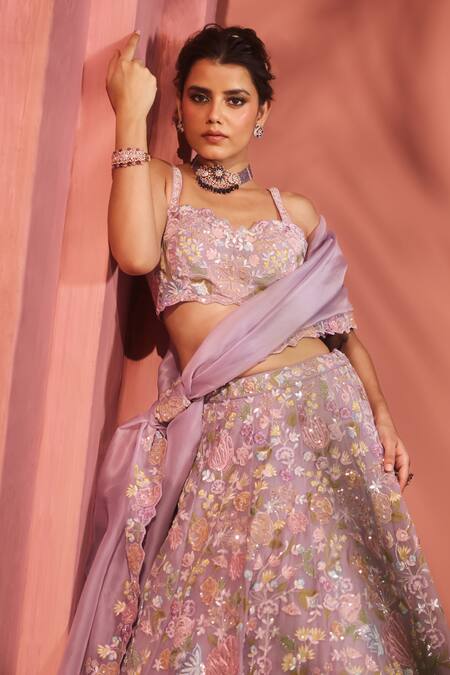 Shop_Aneesh Agarwaal_Purple Silk Organza, Net Sequins, Embroidery Lavender Floral Lehenga Set _Online_at_Aza_Fashions