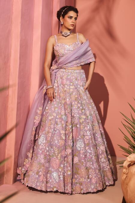 Aneesh Agarwaal_Purple Silk Organza, Net Sequins, Embroidery Lavender Floral Lehenga Set _at_Aza_Fashions