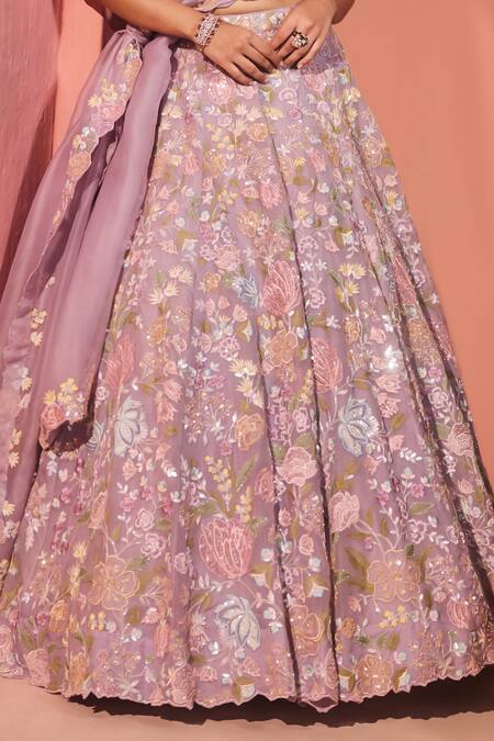 Buy_Aneesh Agarwaal_Purple Silk Organza, Net Sequins, Embroidery Lavender Floral Lehenga Set 