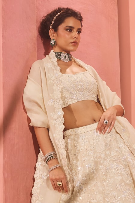 Buy_Aneesh Agarwaal_Ivory Silk Organza Sequins, Embroidery Square Neck Lehenga Set _Online_at_Aza_Fashions