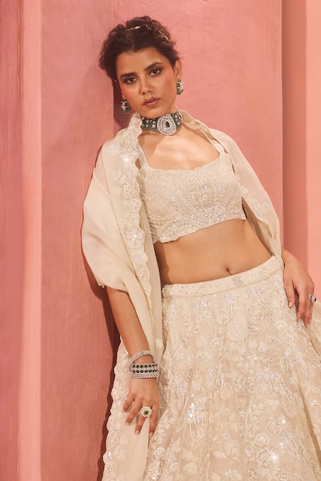 Shop_Aneesh Agarwaal_Ivory Silk Organza Sequins, Embroidery Square Neck Lehenga Set _Online_at_Aza_Fashions