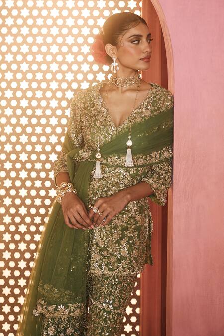 Aneesh Agarwaal_Green Net Sequins, Embroidery, Tassels V-neck Mehendi Kurta Set _Online_at_Aza_Fashions
