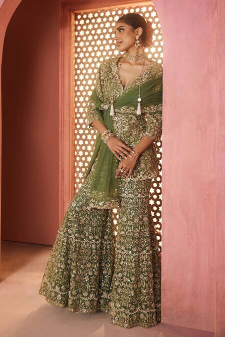 Buy_Aneesh Agarwaal_Green Net Sequins, Embroidery, Tassels V-neck Mehendi Kurta Set _Online_at_Aza_Fashions