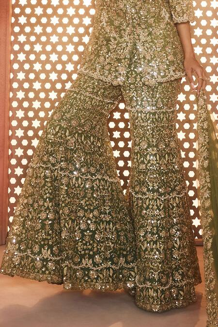 Aneesh Agarwaal_Green Net Sequins, Embroidery, Tassels V-neck Mehendi Kurta Set _at_Aza_Fashions