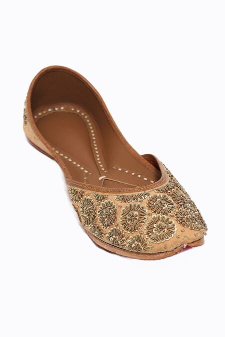 Shop_NR By Nidhi Rathi_Beige Embellished Leather Ethnic Juttis _Online_at_Aza_Fashions