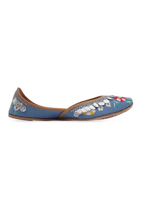 Buy_NR By Nidhi Rathi_Blue Hand-embroidered Leather Flat Juttis _Online_at_Aza_Fashions