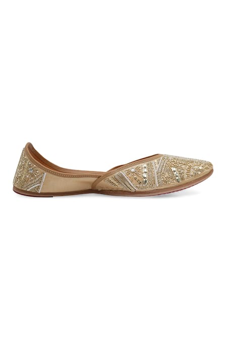 NR By Nidhi Rathi_Gold Handcrafted Leather Embellished Juttis _Online_at_Aza_Fashions