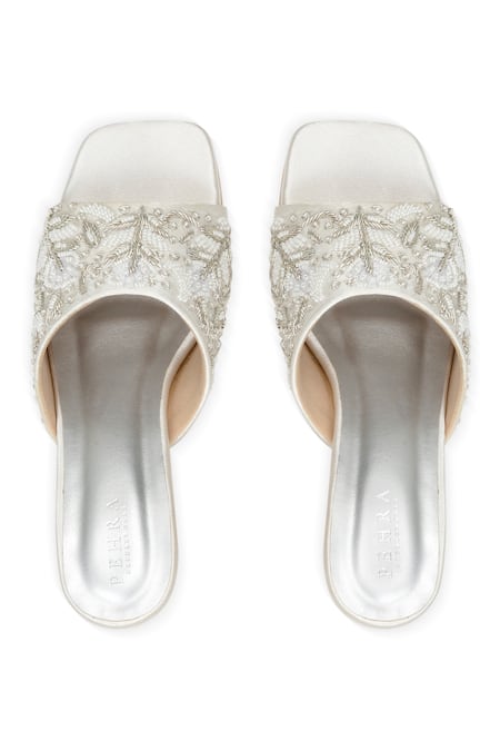 PEHRA Silver Embroidered Block Heels 