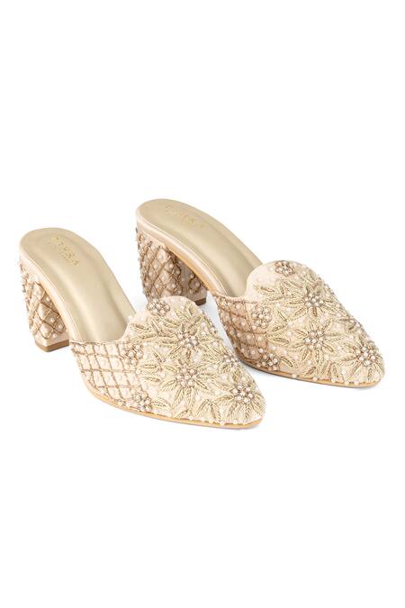 Buy_PEHRA_Beige Embroidery, Pearls Mule Block Heels _Online_at_Aza_Fashions