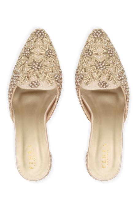PEHRA Beige Embroidered Mule Block Heels 