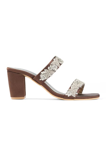 PEHRA_Brown Embroidery Two Strap Block Heels _Online_at_Aza_Fashions