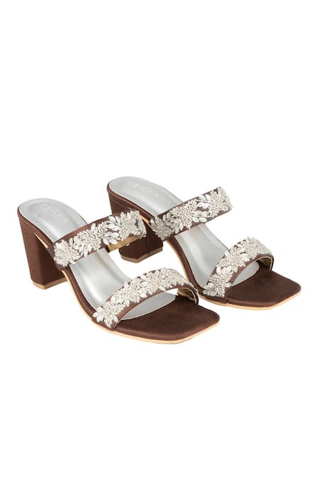 Buy_PEHRA_Brown Embroidery Two Strap Block Heels _Online_at_Aza_Fashions