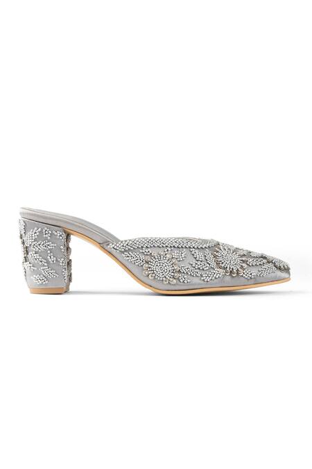 PEHRA_Silver Embroidery, Beads Metallic Mule Block Heels _Online_at_Aza_Fashions