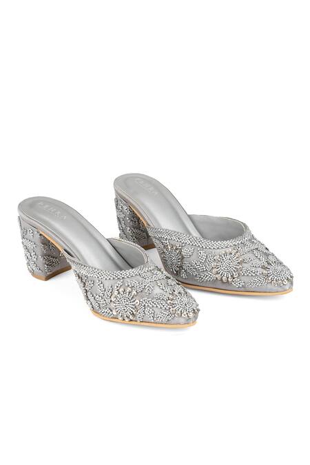 Buy_PEHRA_Silver Embroidery, Beads Metallic Mule Block Heels _Online_at_Aza_Fashions