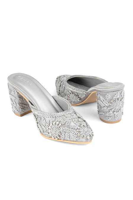 PEHRA Silver Embroidery, Beads Metallic Mule Block Heels
