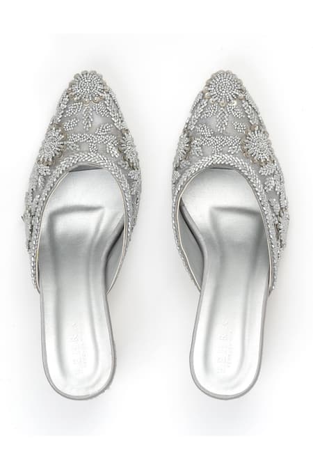 PEHRA Silver Metallic Embroidered Mule Block Heels 