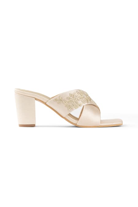 PEHRA_Beige Embroidery Cross Strap Block Heels _Online_at_Aza_Fashions
