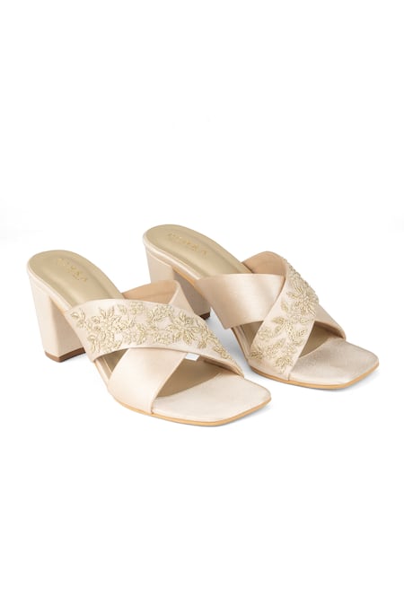 Buy_PEHRA_Beige Embroidery Cross Strap Block Heels _Online_at_Aza_Fashions