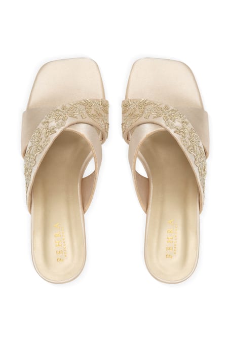 PEHRA Beige Cross Strap Block Heels 