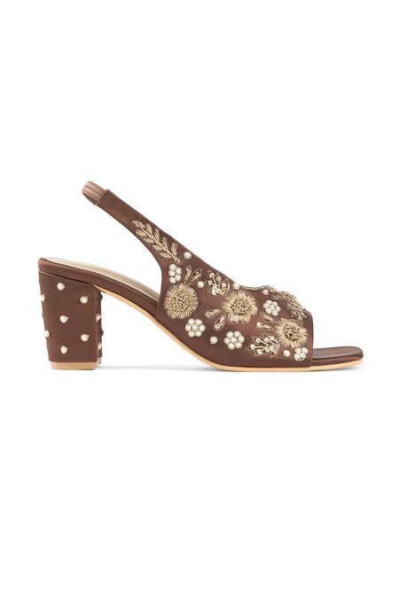 PEHRA_Brown Embroidery, Beads Block Heel Sandals _Online_at_Aza_Fashions