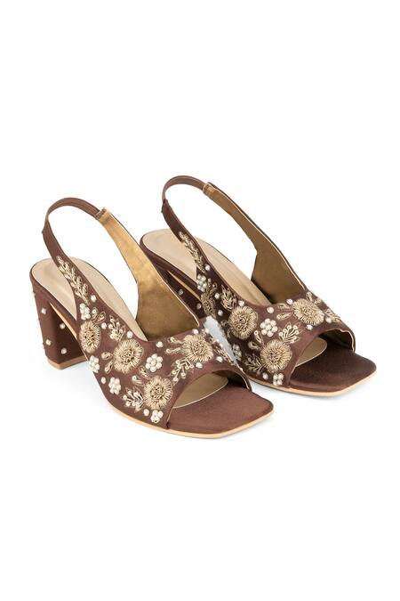 Buy_PEHRA_Brown Embroidery, Beads Block Heel Sandals _Online_at_Aza_Fashions