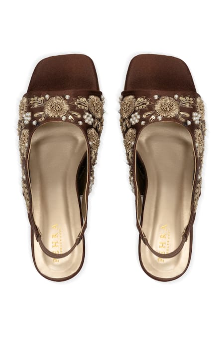 PEHRA Brown Embroidered Block Heel Sandals 