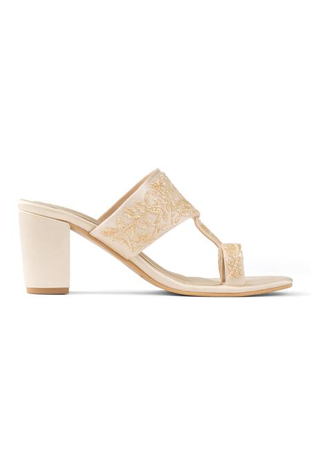 PEHRA_Beige Embroidery Kolhapuri Block Heels _Online_at_Aza_Fashions