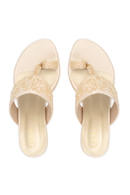 PEHRA Beige Embroidered Kolhapuri Block Heels 