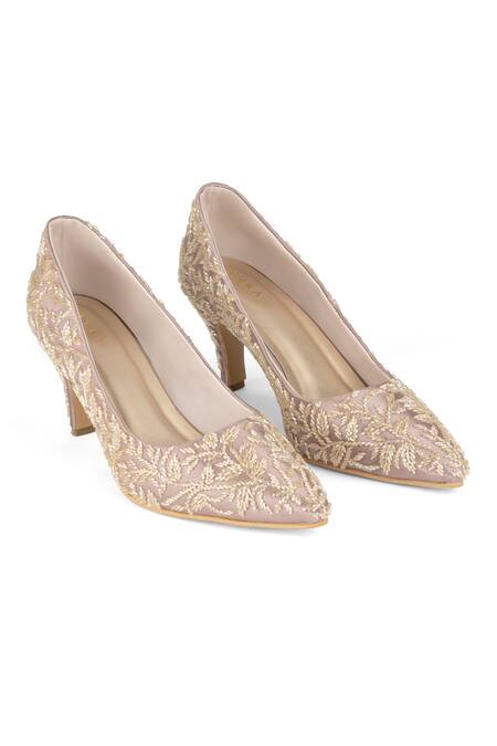 Buy_PEHRA_Purple Embroidery Light Gold Stiletto Heels _Online_at_Aza_Fashions