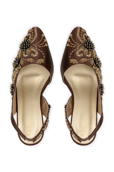 PEHRA Brown One Side Embroidered Block Heel Sandals 