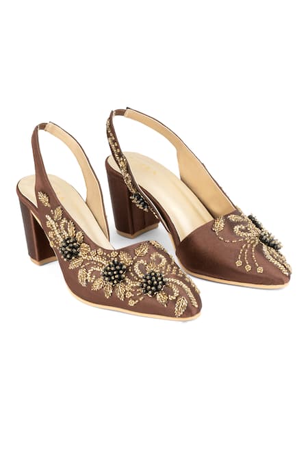 Buy_PEHRA_Brown Embroidery, Beads One Side Block Heel Sandals _Online_at_Aza_Fashions