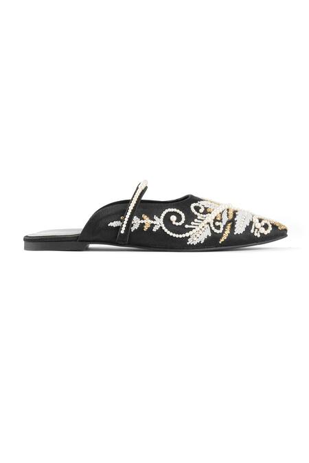 PEHRA_Black One Side Embroidered Flats _Online_at_Aza_Fashions